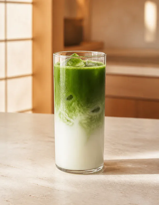 Matcha latte with crema in a ceramic cup