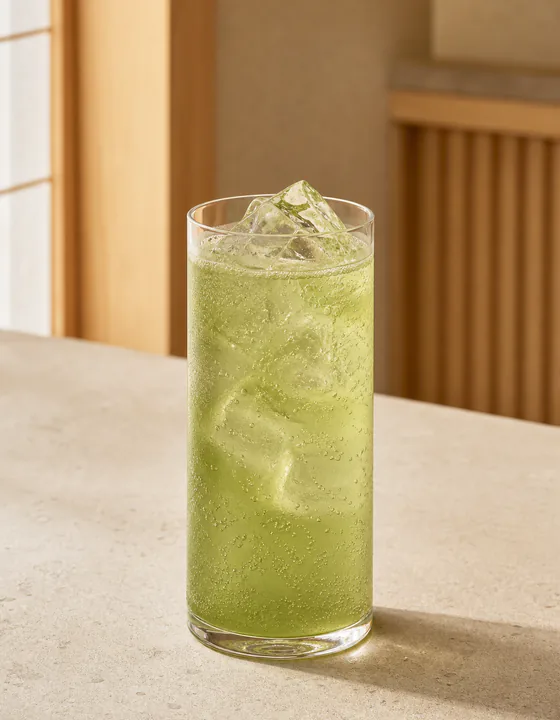 Uji matcha tonic with sparkling bubbles and citrus