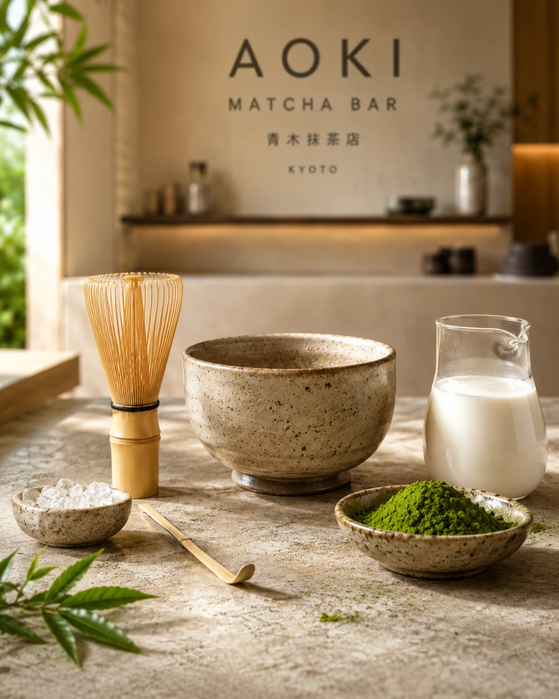 Ceremonial matcha powder, bamboo whisk and ceramic bowl on a stone counter