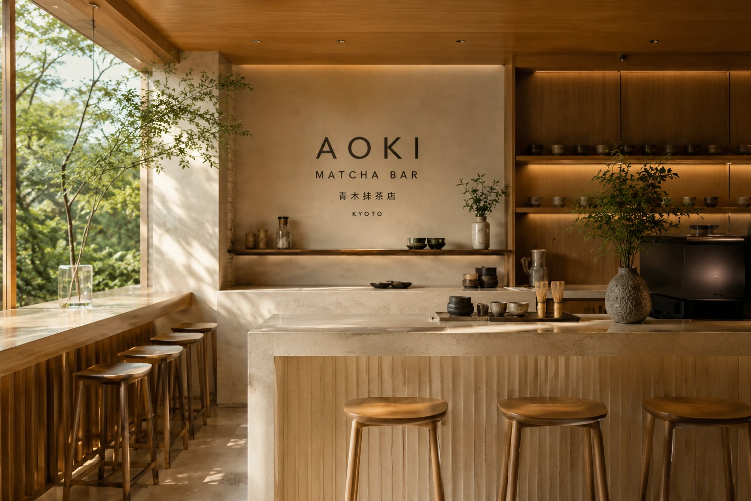 Warm minimalist matcha bar interior with wood stools, stone counter, ceramics and greenery