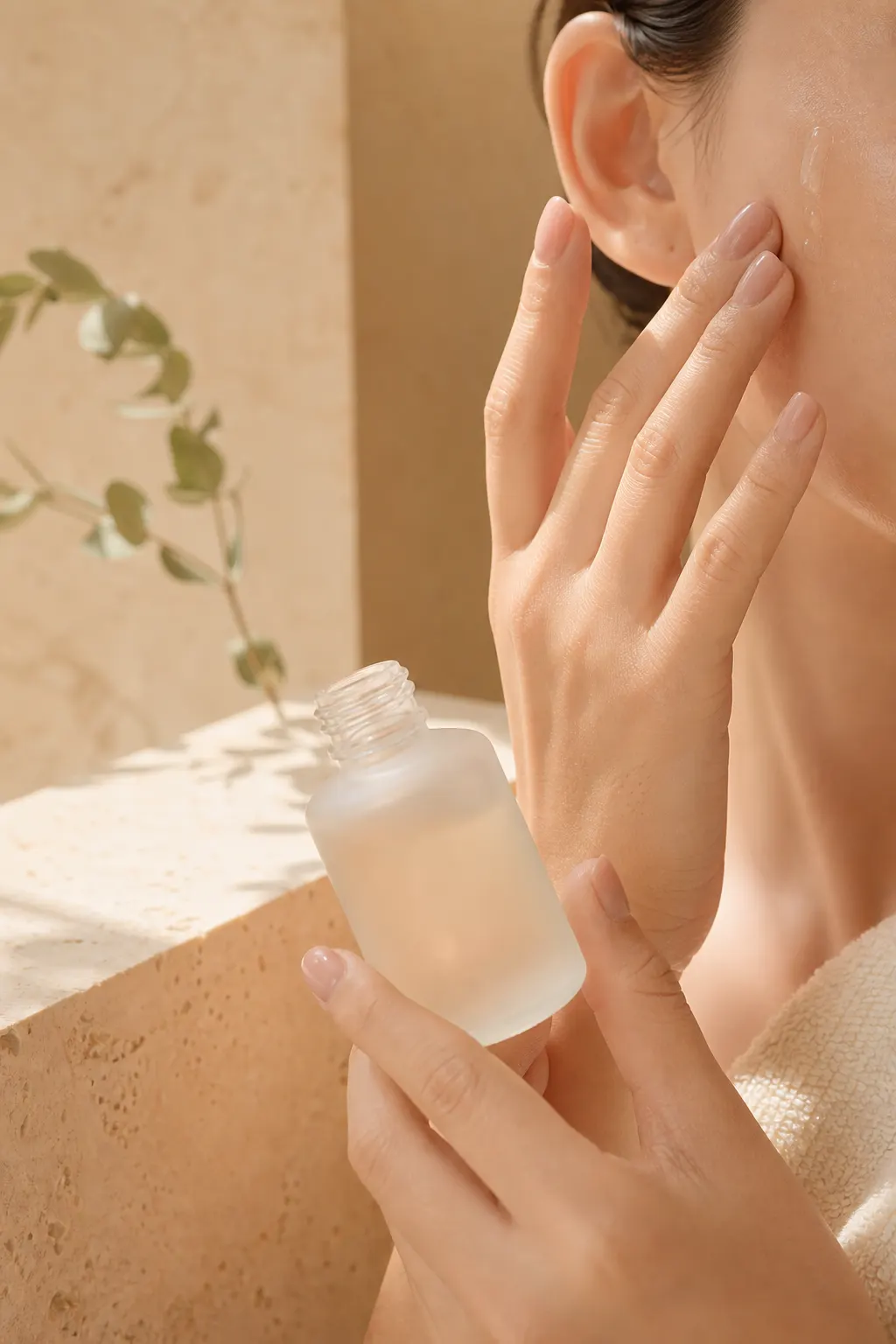 A calm skincare detail with hand, serum glass and paper card