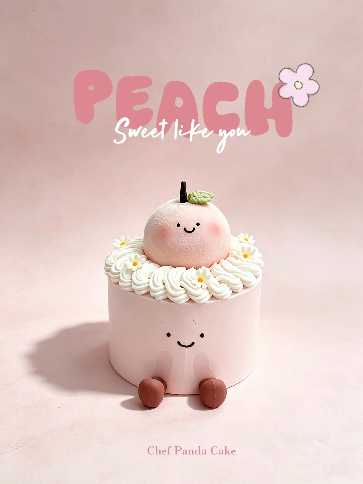 粉紅桃子造型蛋糕，背景文字為 PEACH Sweet like you