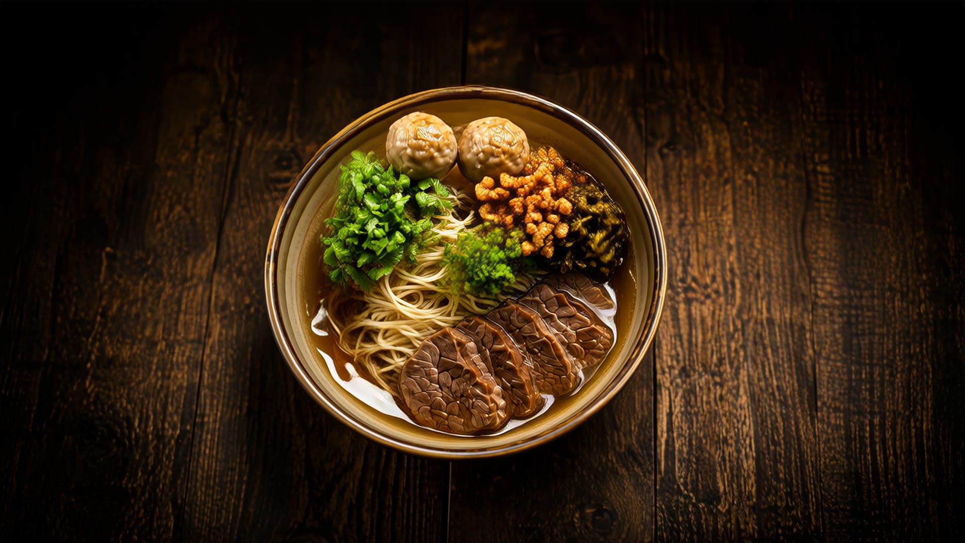 牛肉麵碗中食材近景