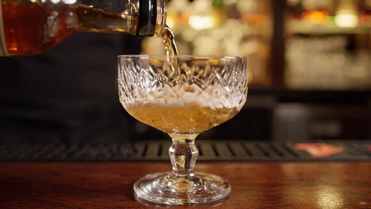 Amber cocktail being poured into cut crystal