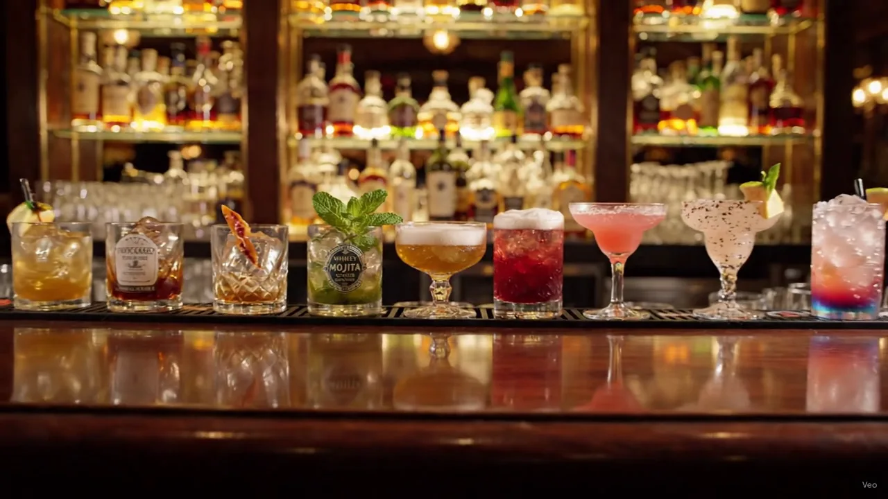 A line of signature cocktails across the bar
