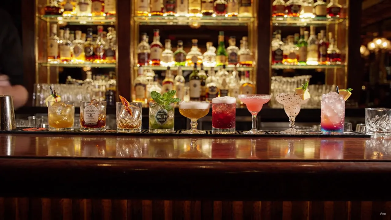 Full signature cocktail collection across the illuminated back bar