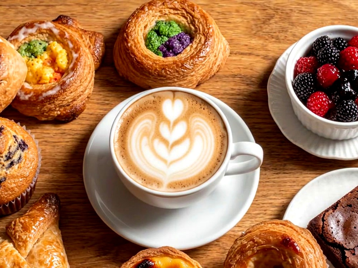 An elegant brunch table with coffee and pastries