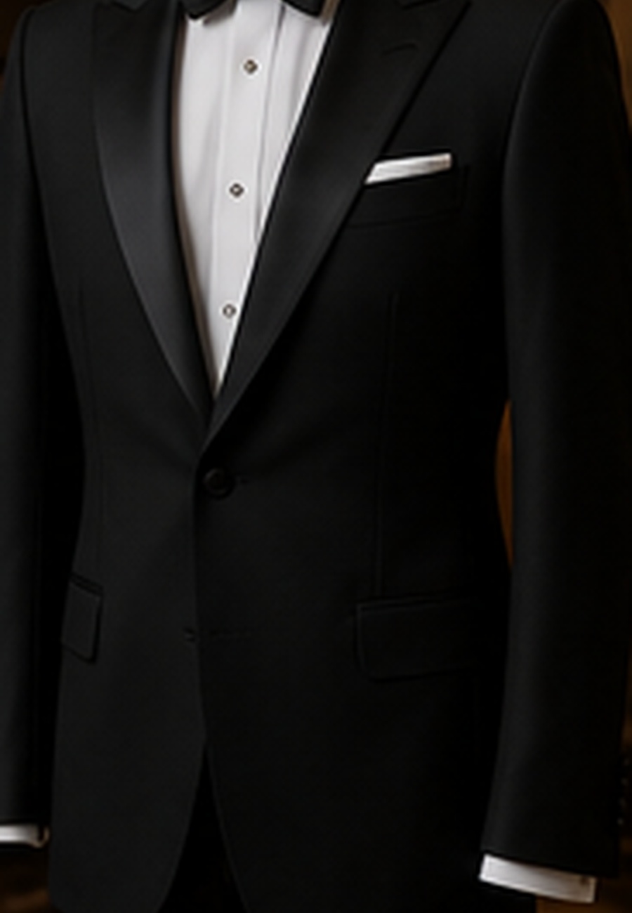 Black tuxedo with bow tie displayed in a premium tailoring boutique