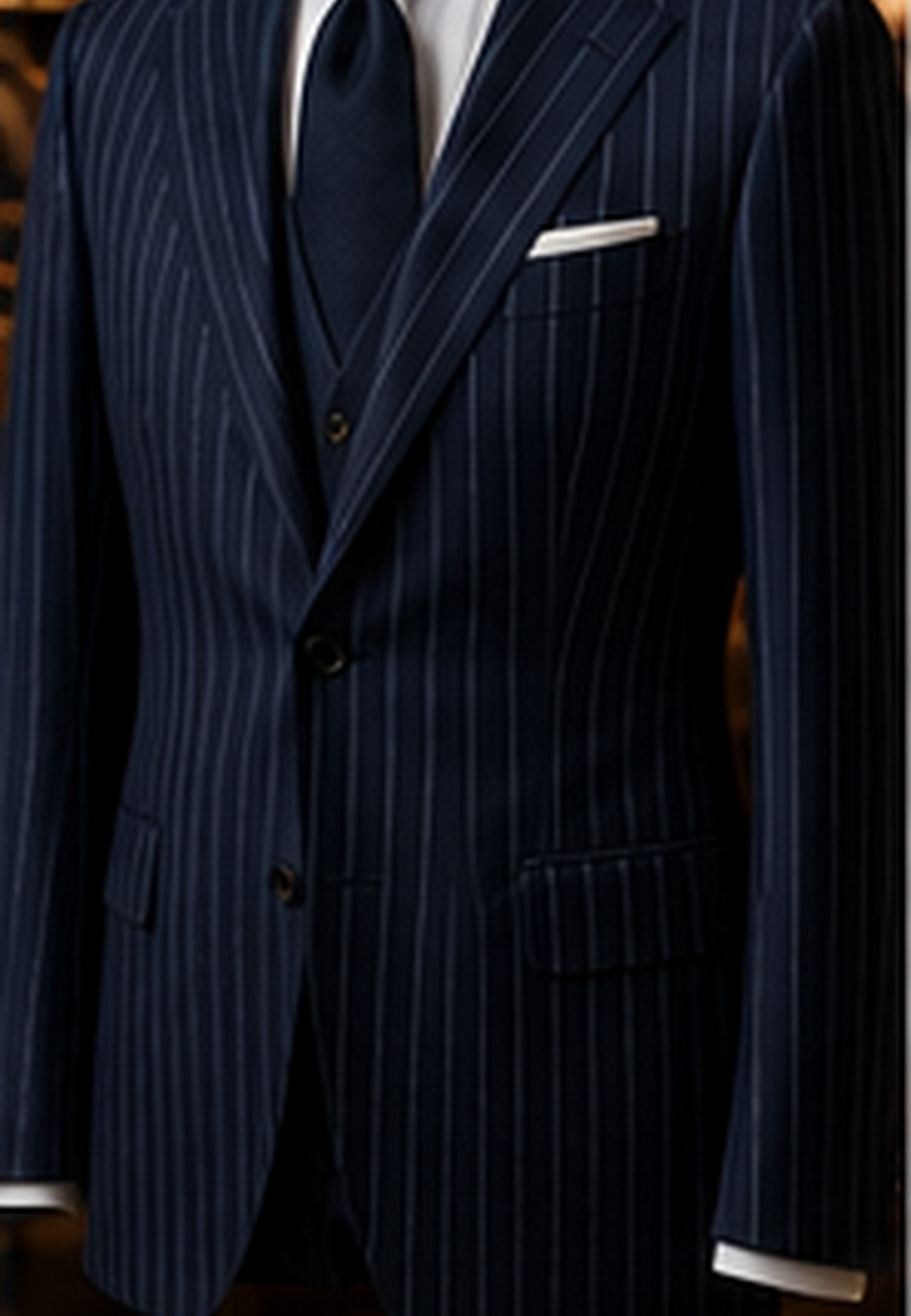 Blue pinstripe suit on mannequin inside dark wood tailoring atelier