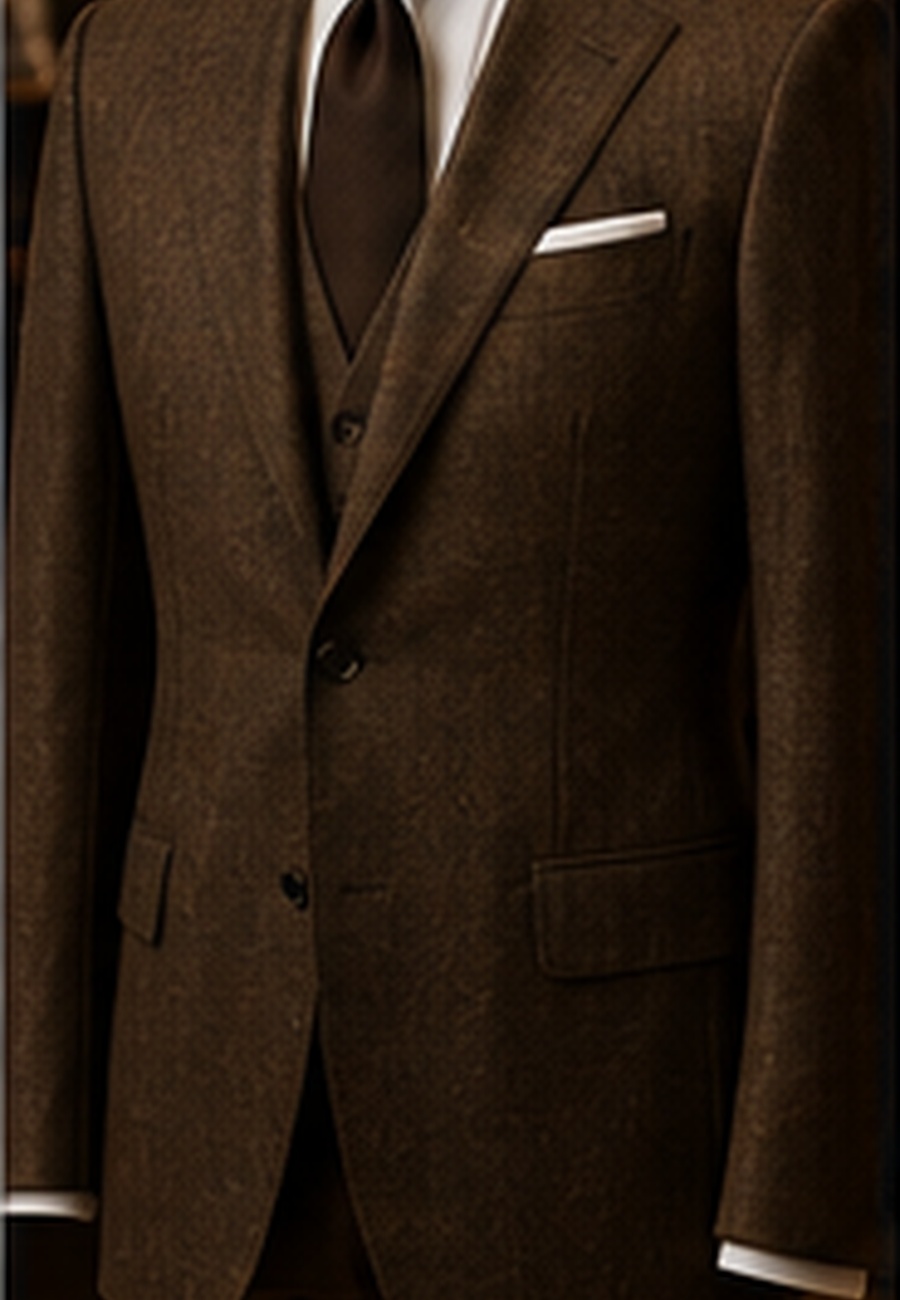 Brown hopsack suit with textured fabric in warm boutique lighting