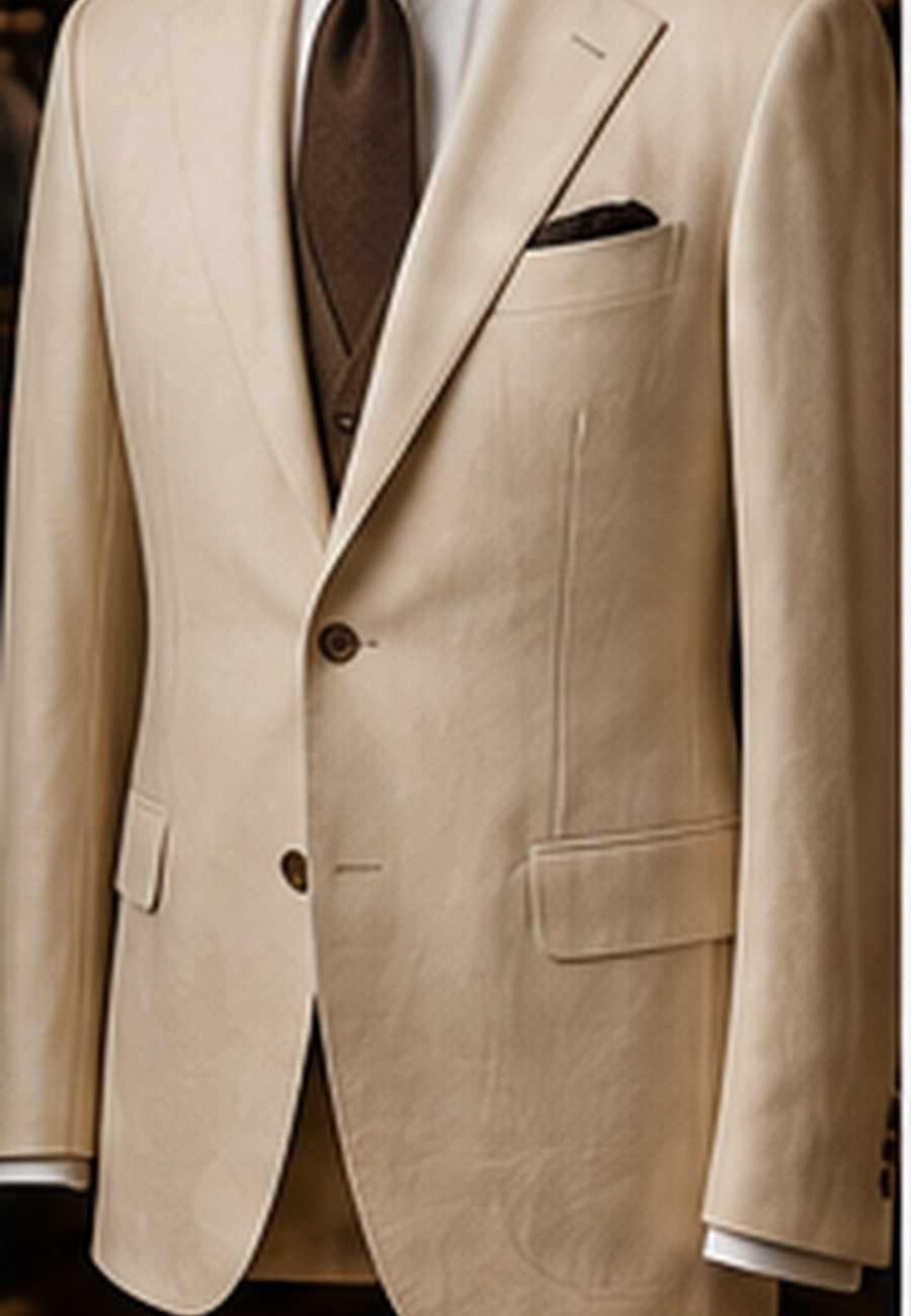 Ivory linen suit on mannequin in warm luxury boutique light