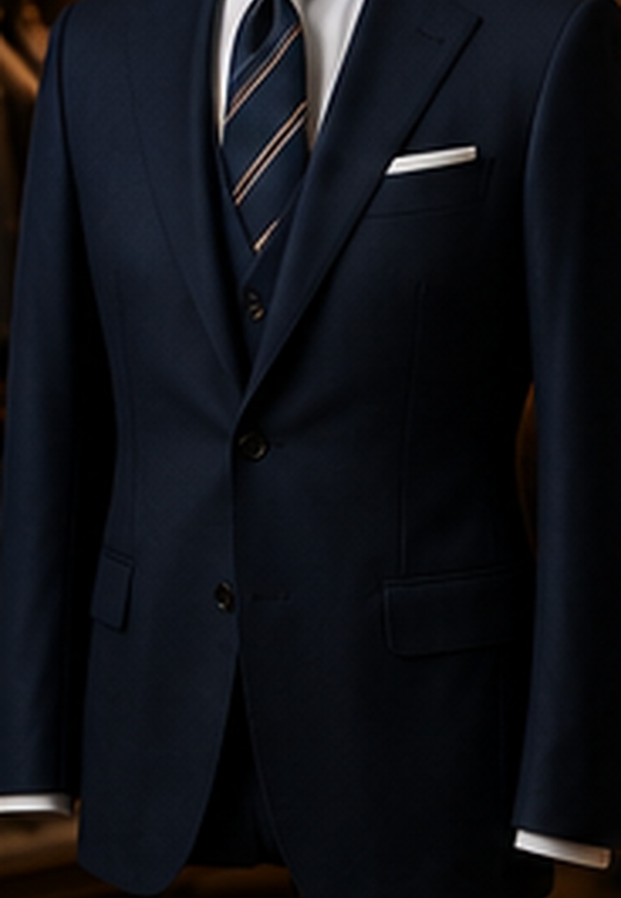 Navy twill bespoke suit on mannequin in a dark wood boutique
