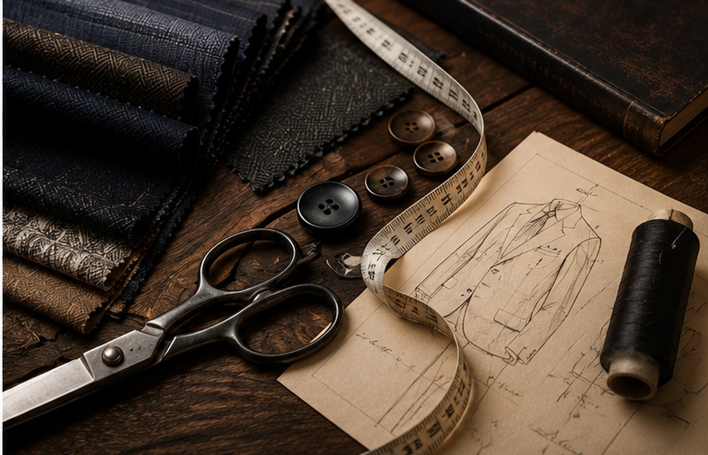 Tailoring table with fabric swatches, scissors, buttons, measuring tape and suit sketches