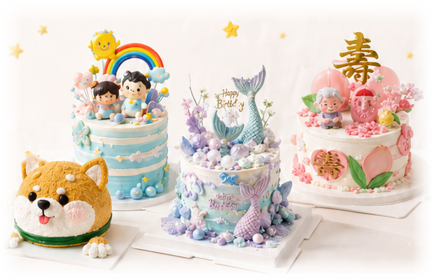 彩虹生日蛋糕、美人魚蛋糕、長輩祝壽蛋糕及柴犬造型蛋糕