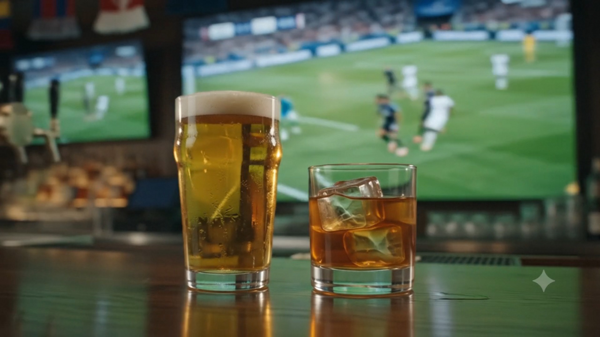 Cold beer and whiskey served in front of a live football screen