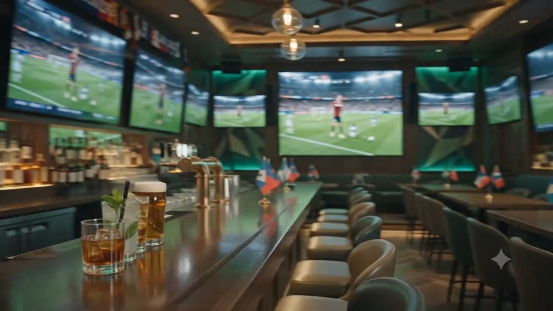 Wide sports bar room with multiple match screens and a long counter