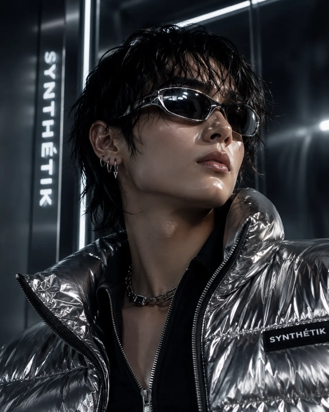 Close-up fashion portrait with chrome sunglasses