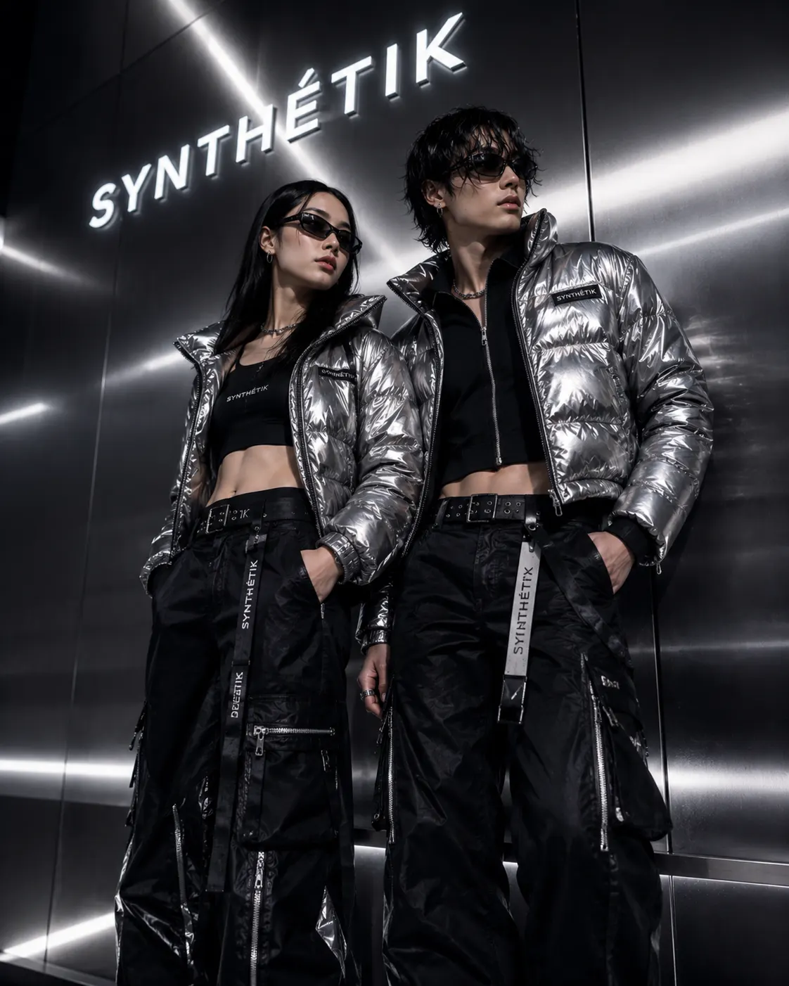 Two models in silver Y2K outerwear