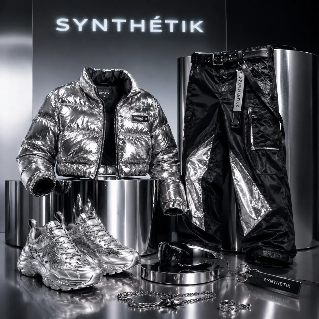 Product still life of jacket pants shoes and accessories